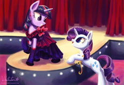 Size: 1400x964 | Tagged: safe, artist:whitestar1802, character:rarity, character:twilight sparkle, character:twilight sparkle (unicorn), species:pony, species:unicorn, clothing, dress, duo, duo female, earring, female, measuring tape, piercing, runway