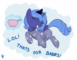 Size: 3972x3096 | Tagged: safe, artist:shadawg, character:princess luna, species:pony, bowl, cereal, clothing, eyes closed, female, filly, foal, footed sleeper, high res, magic, pajamas, solo, spoon, telekinesis, woona, younger