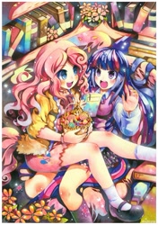 Size: 767x1091 | Tagged: safe, artist:emperpep, character:pinkie pie, character:twilight sparkle, ship:twinkie, book, candy, female, horned humanization, humanized, lesbian, shipping, tailed humanization, traditional art, watercolor painting
