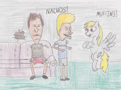 Size: 3022x2266 | Tagged: safe, artist:darkknightwolf2011, character:derpy hooves, species:pegasus, species:pony, beavis, beavis and butthead, butthead, crossover, female, mare, traditional art