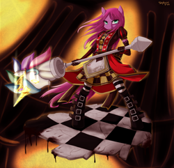 Size: 1280x1233 | Tagged: safe, artist:skykain, character:pinkamena diane pie, character:pinkie pie, species:anthro, species:unguligrade anthro, alice, alice in wonderland, alice:madness returns, american mcgee's alice, clothing, costume, crossover, female, hobby horse, parody, solo