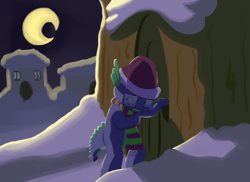 Size: 1100x800 | Tagged: safe, artist:full stop, character:spike, clothing, cold, crying, hat, sad, scarf, snow, winter