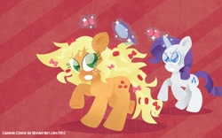 Size: 1280x800 | Tagged: safe, artist:caramelcookie, character:applejack, character:rarity, bow, brushie, hair curlers