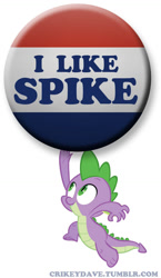 Size: 600x1031 | Tagged: safe, artist:crikeydave, character:spike, button, jumping, male, simple background, smiling, solo, we like ike, white background