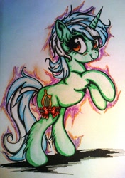 Size: 1374x1949 | Tagged: safe, artist:tomek2289, character:lyra heartstrings, species:pony, species:unicorn, blushing, chest fluff, female, garter, rearing, smiling, solo, traditional art