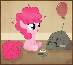 Size: 1340x1192 | Tagged: safe, artist:balloons504, character:pinkie pie, species:earth pony, species:pony, balloon, crayon, cute, female, filly, happy, moustache, rock, sitting, solo, younger