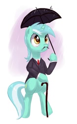 Size: 1246x2000 | Tagged: safe, artist:hieronymuswhite, character:lyra heartstrings, species:pony, species:unicorn, bipedal, cane, clothing, colored pupils, featureless crotch, female, hoof hold, like a sir, moustache, necktie, rain, simple background, solo, standing, suit, umbrella, white background