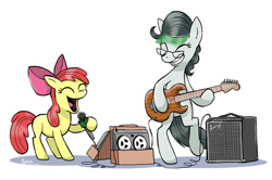 Size: 900x599 | Tagged: safe, artist:pedantia, character:apple bloom, oc, oc:front page, electric guitar, glasses, guitar, singing
