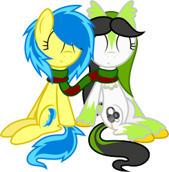 Size: 4221x4308 | Tagged: safe, artist:blueblitzie, oc, oc only, oc:blueberry blitz, oc:stormberry, species:pegasus, species:pony, absurd resolution, clothing, happy, scarf, shared clothing, shared scarf, simple background, transparent background, unshorn fetlocks
