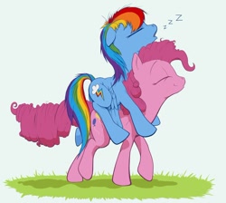 Size: 900x805 | Tagged: safe, artist:jakneurotic, character:pinkie pie, character:rainbow dash, species:earth pony, species:pegasus, species:pony, ship:pinkiedash, eyes closed, female, lesbian, mare, ponies riding ponies, riding, shipping, sleeping, zzz