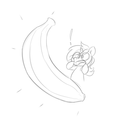 Size: 943x1007 | Tagged: safe, artist:owl-eyes, character:lyra heartstrings, species:pony, species:unicorn, banana, exclamation point, female, food, fruit, grayscale, monochrome, open mouth, simple background, solo, white background