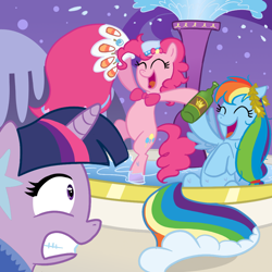 Size: 1000x1000 | Tagged: safe, artist:madmax, artist:pacce, character:pinkie pie, character:rainbow dash, character:twilight sparkle, alcohol, clothing, colored, dress, drunk, drunker dash, drunkie pie, gala dress, grand galloping gala