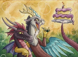 Size: 900x663 | Tagged: safe, artist:the-wizard-of-art, character:discord, oc, species:dragon, birthday cake, cake, food, traditional art, watercolor painting