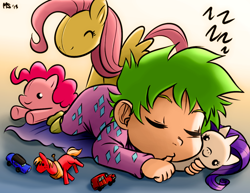 Size: 1280x989 | Tagged: safe, artist:megasweet, artist:trelwin, character:big mcintosh, character:fluttershy, character:pinkie pie, character:rarity, character:spike, species:human, baby spike, car, clothing, cute, eyes closed, footed sleeper, hilarious in hindsight, human spike, humanized, pajamas, plushie, prone, rarity plushie, sleeping, spikabetes, toy car, van, younger, zzz