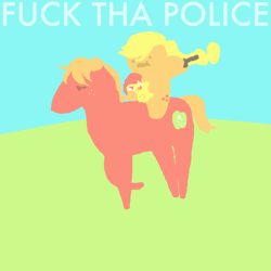 Size: 800x800 | Tagged: safe, artist:netherlips, character:apple bloom, character:applejack, character:big mcintosh, species:earth pony, species:pony, fuck the police, gun, male, ponies riding ponies, stallion, vulgar