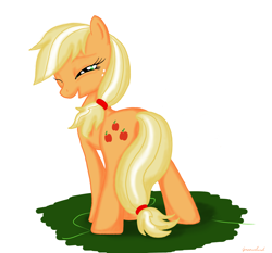 Size: 3000x2800 | Tagged: safe, artist:groovebird, character:applejack, bedroom eyes, female, looking back, smiling, solo, wink