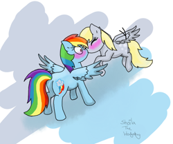 Size: 700x585 | Tagged: safe, artist:shadeila, character:derpy hooves, character:rainbow dash, species:pegasus, species:pony, ship:derpydash, blushing, female, lesbian, mare, shipping