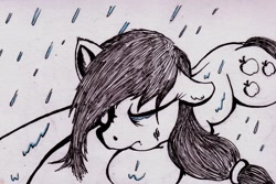 Size: 2320x1546 | Tagged: safe, artist:inky-draws, character:applejack, black and white, crying, grayscale, monochrome, rain, sad, silhouette, unhapplejack, wet