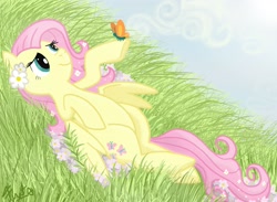 Size: 2600x1900 | Tagged: safe, artist:fuutachimaru, character:fluttershy, species:pegasus, species:pony, butterfly, cute, female, flower, flower in hair, grass, looking at something, mare, on back, raised hoof, shyabetes, smiling, solo