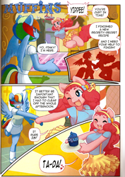 Size: 850x1200 | Tagged: safe, artist:leche, character:pinkie pie, character:rainbow dash, species:anthro, comic:muffins, ship:pinkiedash, breasts, busty pinkie pie, comic, female, hoofbeat, lesbian, muffin, poison joke, shipping