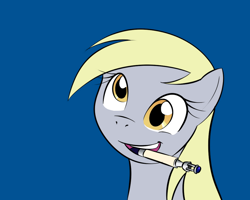 Size: 1000x800 | Tagged: safe, artist:kloudmutt, artist:pacce, character:derpy hooves, species:pegasus, species:pony, g4, blue background, bust, crossover, cute, derpabetes, doctor who, female, mare, misleading thumbnail, mouth hold, open mouth, paint tool sai, portrait, silly, silly pony, simple background, smiling, solo, sonic screwdriver, tenth doctor