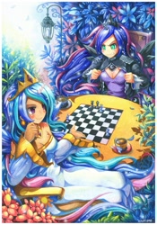 Size: 770x1102 | Tagged: safe, artist:emperpep, character:princess celestia, character:princess luna, species:human, breasts, checkmate, chess, cleavage, horned humanization, humanized, table, tabletop gaming, tea, traditional art, watercolor painting, winged humanization