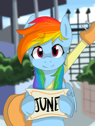 Size: 1024x1365 | Tagged: safe, artist:marisalle, character:rainbow dash, species:pegasus, species:pony, bipedal, cute, female, guitar, holding, mare, sign, smiling, solo