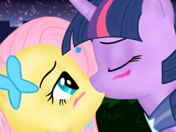 Size: 1000x750 | Tagged: safe, artist:groovebird, character:fluttershy, character:twilight sparkle, ship:twishy, blushing, female, kissing, lesbian, shipping
