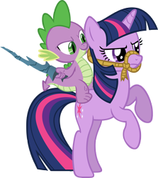 Size: 5000x5595 | Tagged: safe, artist:crusierpl, character:spike, character:twilight sparkle, character:twilight sparkle (unicorn), species:dragon, species:pony, species:unicorn, absurd resolution, dragons riding ponies, duo, female, male, mare, rearing, reins, riding, twilight is not amused, unamused