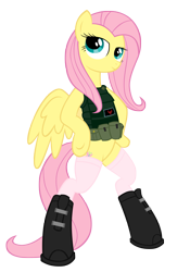 Size: 2129x3046 | Tagged: safe, artist:shadawg, character:fluttershy, species:pony, bipedal, body armor, clothing, female, flak jacket, high res, simple background, solo, stockings, transparent background