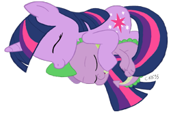 Size: 1225x818 | Tagged: safe, artist:chibi95, character:spike, character:twilight sparkle, character:twilight sparkle (unicorn), species:dragon, species:pony, species:unicorn, baby, baby dragon, cuddling, curled up, cute, cutie mark, eyes closed, female, horn, male, mama twilight, mare, simple background, sleeping, snuggling, spikabetes, transparent background, twiabetes