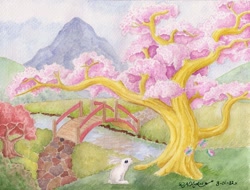 Size: 1024x778 | Tagged: safe, artist:the-wizard-of-art, character:angel bunny, character:fluttershy, species:rabbit, bridge, butterfly, cherry blossoms, cherry tree, dendrification, fluttertree, mountain, neighponese, path, river, species swap, traditional art, tree, watercolor painting
