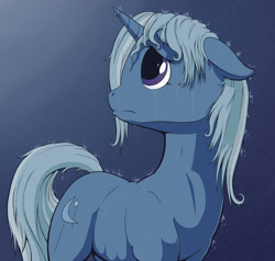 Size: 900x857 | Tagged: dead source, safe, artist:jakneurotic, character:trixie, species:pony, species:unicorn, female, mare, missing accessory, rain, sad, wet mane