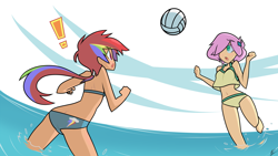 Size: 2732x1536 | Tagged: safe, artist:red-poni, character:fluttershy, character:rainbow dash, species:human, ball, belly button, bikini, buttcrack, clothing, duo, exclamation point, humanized, midriff, ocean, sports, swimsuit, tankini, volleyball, water