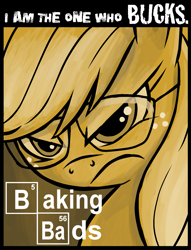 Size: 1261x1654 | Tagged: safe, artist:pedantia, character:applejack, breaking bad, crossover, female, frown, glare, glasses, solo