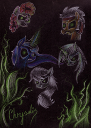 Size: 2400x3389 | Tagged: safe, artist:inky-draws, character:flax seed, character:lyra heartstrings, character:octavia melody, character:princess luna, character:twist, species:changeling, traditional art