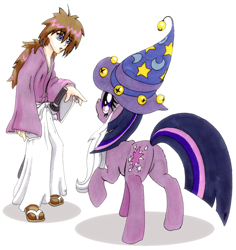 Size: 1080x1143 | Tagged: safe, artist:oddwarg, character:star swirl the bearded, character:twilight sparkle, friendship is witchcraft, crossover, kenshin himura, rurouni kenshin