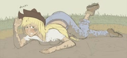 Size: 1150x529 | Tagged: safe, artist:jakneurotic, character:applejack, species:human, dirty, female, humanized, mud, prone, solo