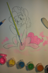 Size: 720x1100 | Tagged: safe, artist:janji009, character:pinkie pie, female, fourth wall, paint, paintbrush, partial color, photo, solo, traditional art