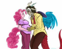 Size: 3300x2636 | Tagged: safe, artist:zabchan, character:discord, character:pinkie pie, ship:discopie, blushing, eared humanization, female, holding, horned humanization, humanized, male, pony coloring, pregnant, shipping, straight, tailed humanization, winged humanization