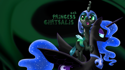 Size: 1366x768 | Tagged: safe, artist:syggie, character:nightmare moon, character:princess luna, character:queen chrysalis, species:alicorn, species:changeling, species:pony, abstract background, ask, ask the changeling princess, changeling queen, cute, cutealis, duo, duo female, female, filly, filly queen chrysalis, foal, helmet, mare, nightmare moon is not amused, nymph, princess chrysalis, tumblr, unamused, wallpaper, younger