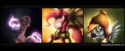 Size: 1960x800 | Tagged: safe, artist:fongsaunder, character:pinkie pie, character:princess luna, character:rainbow dash, species:alicorn, species:earth pony, species:pegasus, species:pony, g4, clothing, cosplay, costume, crossover, female, firefly (series), hat, jayne cobb, kaylee frye, malcolm reynolds, mare, photoshop, umbrella