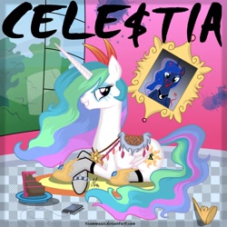 Size: 1024x1024 | Tagged: safe, artist:teammagix, character:princess celestia, character:princess luna, cake, fishnets, ke$ha, makeup, parody, saddle