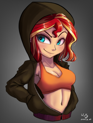 Size: 760x1000 | Tagged: safe, artist:the-park, character:sunset shimmer, species:human, g4, hoodie, simple background, solo, tank top