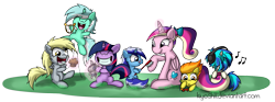 Size: 2047x759 | Tagged: safe, artist:kiyoshiii, character:derpy hooves, character:dj pon-3, character:lyra heartstrings, character:minuette, character:princess cadance, character:smarty pants, character:spitfire, character:twilight sparkle, character:vinyl scratch, species:alicorn, species:pegasus, species:pony, species:unicorn, g4, brush, female, filly, filly derpy, filly lyra, filly spitfire, filly twilight sparkle, filly vinyl scratch, foal, foalsitter, happy, mare, muffin, toy airplane, younger