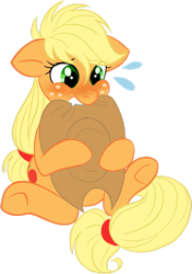 Size: 600x853 | Tagged: safe, artist:g-blue16, character:applejack, species:earth pony, species:pony, applejack's hat, blushing, chewing, clothing, cowboy hat, female, floppy ears, freckles, hat, mare, simple background, sitting, solo, transparent background