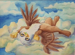 Size: 1024x750 | Tagged: safe, artist:the-wizard-of-art, character:gilda, species:griffon, g4, catbird, catnip, cloud, cloudy, cute, female, gildadorable, griffons doing cat things, on back, solo, traditional art, watercolor painting