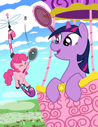 Size: 770x1000 | Tagged: safe, artist:syggie, character:pinkie pie, character:twilight sparkle, badminton, balloon, crossover, duo, eyes closed, flying, flying machine, mouth hold, rhythm heaven, rhythm heaven fever