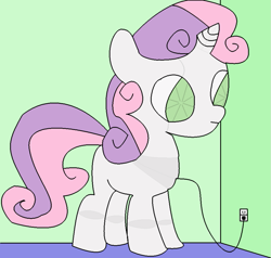 Size: 915x872 | Tagged: safe, artist:youwillneverkno, character:sweetie belle, species:pony, species:unicorn, sweetie bot, charging, female, filly, foal, hooves, horn, plug, robot, solo, us plug