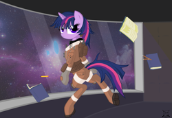 Size: 1079x741 | Tagged: safe, artist:shadawg, character:twilight sparkle, book, clothing, female, floating, jacket, pants, shoes, solo, space, tier iii, zero gravity